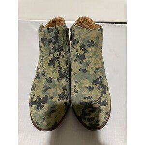 Lucky Brand Green Camo Suede Ankle Boots With Stacked Heel & Side Zipper